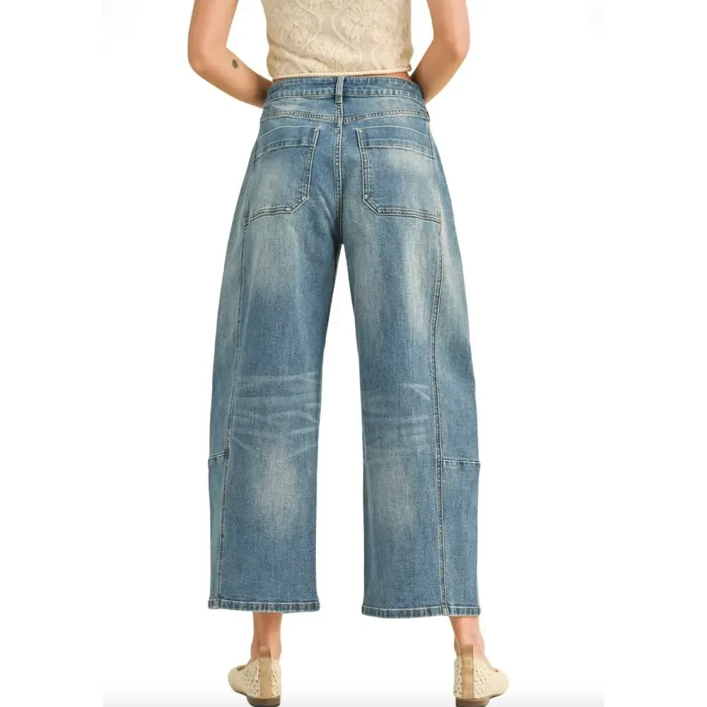 Miou Muse Barrel Jeans - Blue Denim - Wide Leg - Cropped - High-Rise - Size L